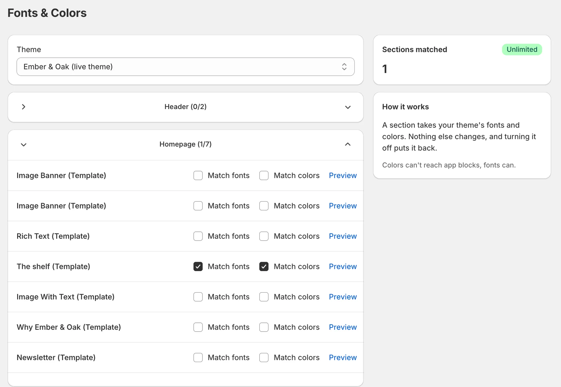 Fonts and Colors: every homepage section listed with Match fonts and Match colors checkboxes, one section matched.