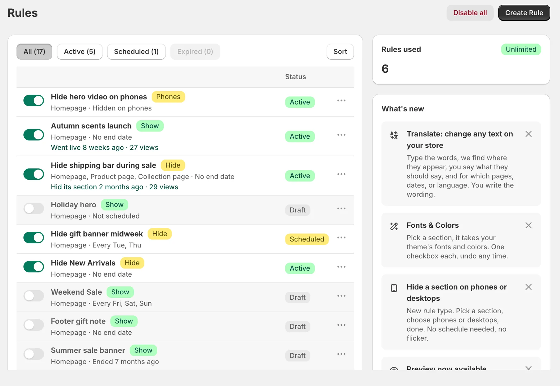 The Rules list: scheduled, recurring and phone-only rules with their status, when each went live and how many views it got.