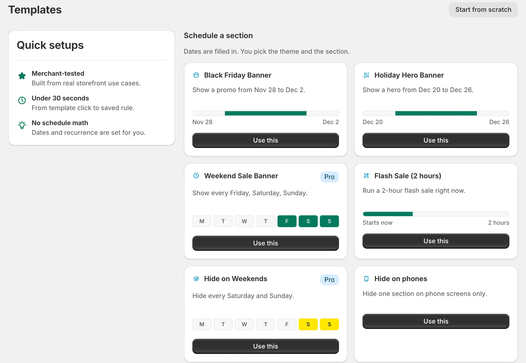 The Templates page: Black Friday, holiday, weekend sale, 2-hour flash sale, hide on weekends and hide on phones.