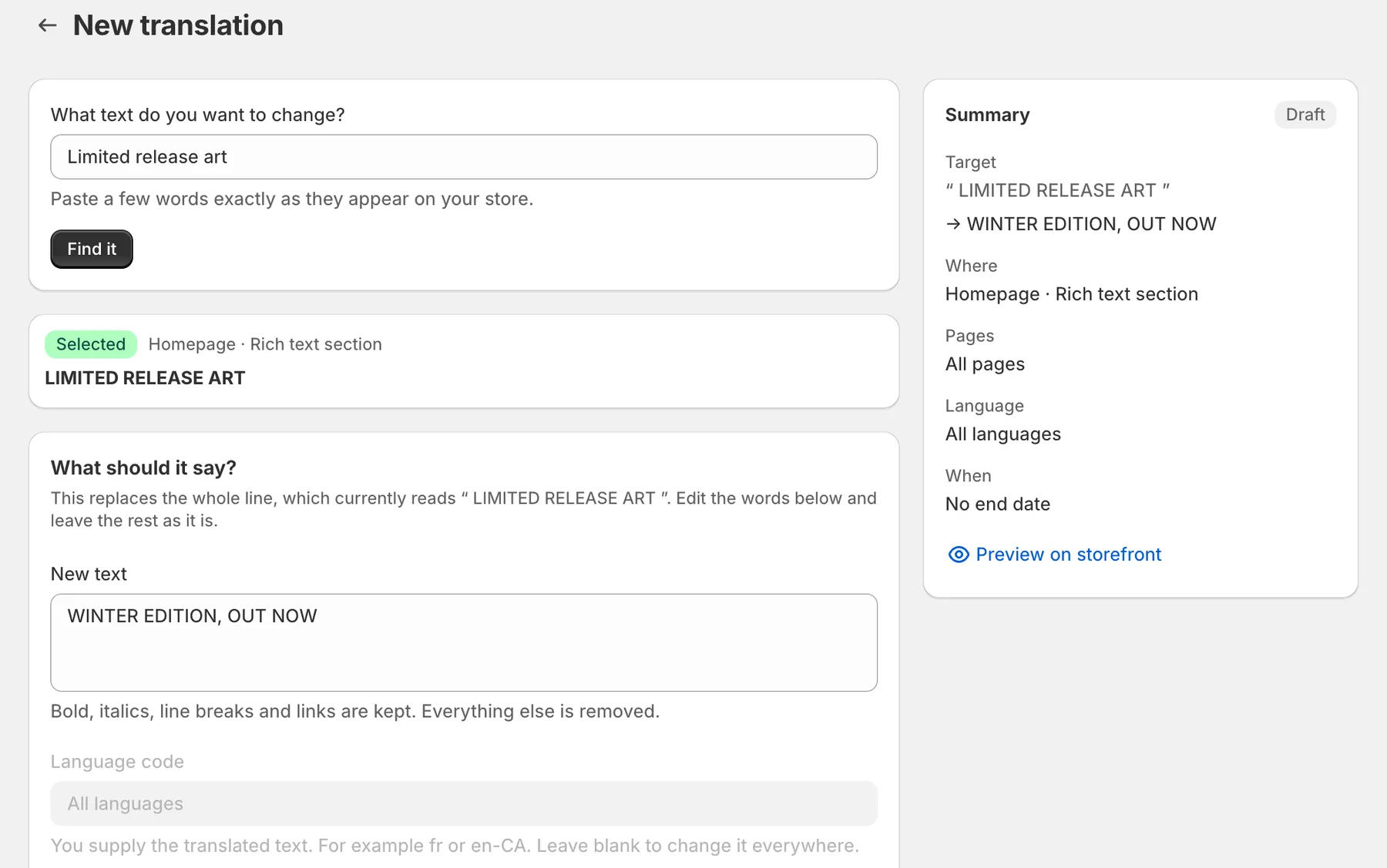 The Translate screen in Section Control. A search for Limited release art found the heading in a rich text section on the homepage, and Winter edition, out now is typed in as the new wording.