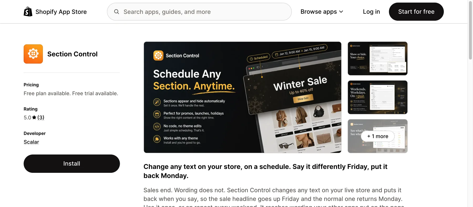 Section Control's listing on the Shopify App Store, with the Install button