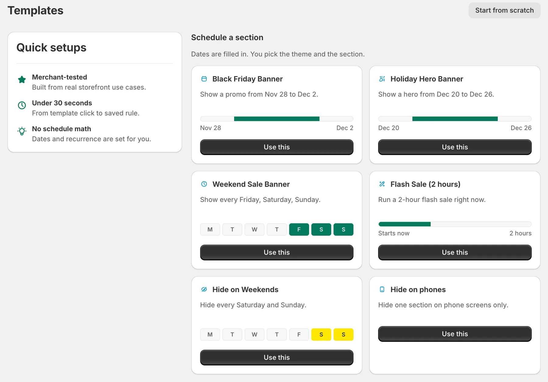 Section Control's Templates page with six ready-made schedules, Black Friday Banner first