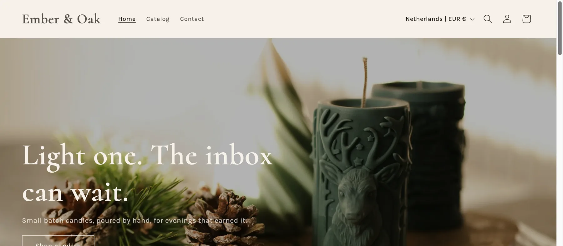 The Ember and Oak homepage before the scheduled time, with no promo banner